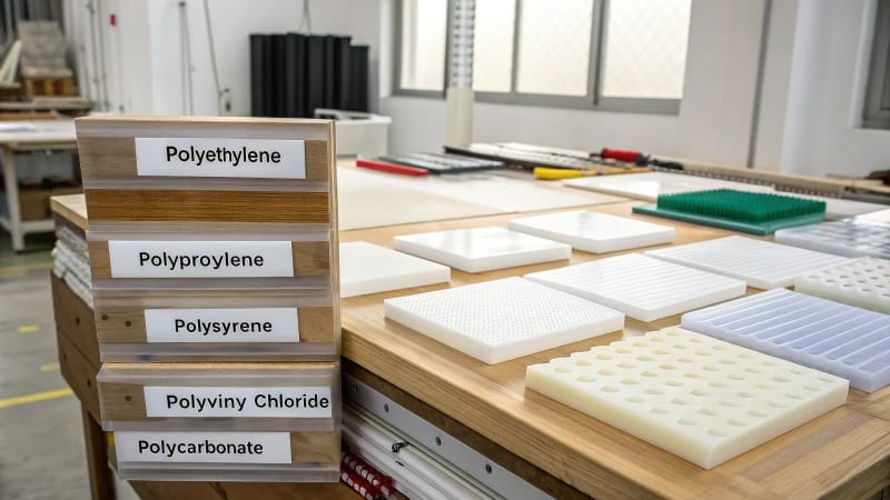 Professional Workspace with Plastic Samples A professional workspace with labeled plastic material samples