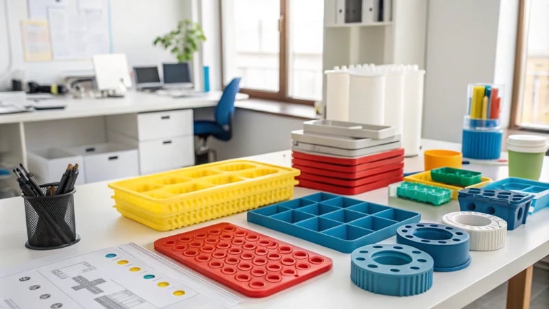 A professional workspace with colorful plastic materials and molds on a table