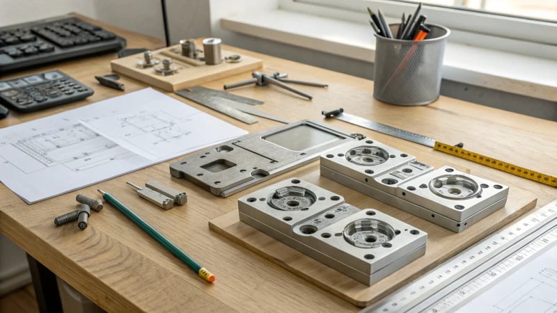 A professional workspace with symmetric mold designs on a workbench