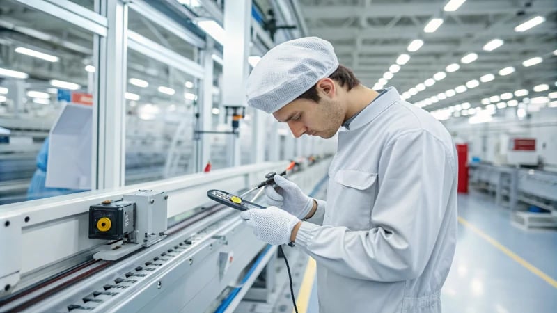 A technician inspecting a product in a manufacturing facility