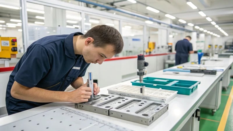 Quality control technician examining a mold in a bright manufacturing facility