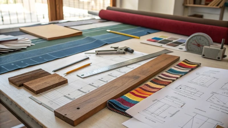 A detailed workspace with raw materials and tools