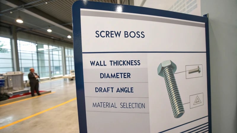 Photorealistic illustration of a screw boss design diagram with labeled dimensions.