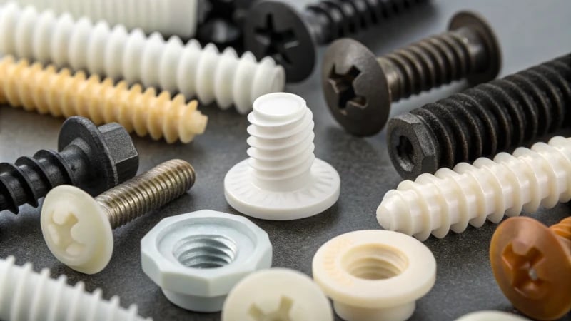 A collection of various thermoplastic screw bosses in different shapes and colors
