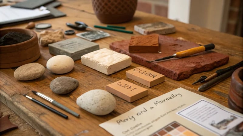 A rustic wooden table displaying various sculpture materials like clay, metal, wood, and stone.