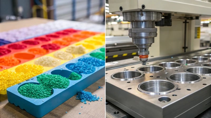 A split-screen image showing two manufacturing processes: thermoplastic injection molding and aluminum die casting.