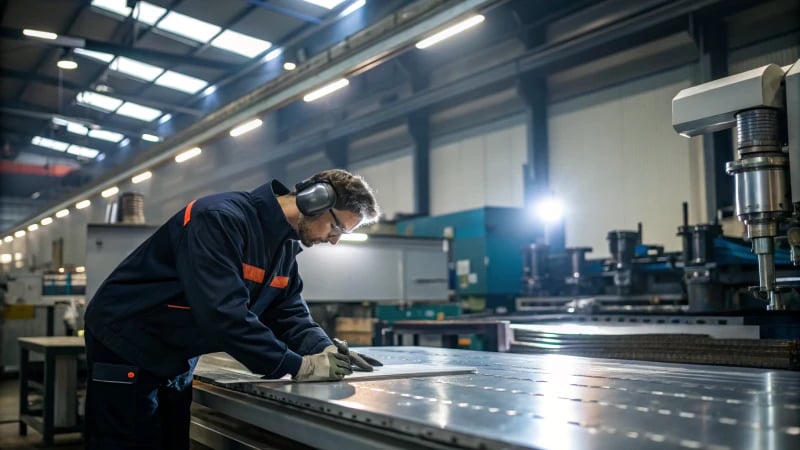 A skilled worker examining steel sheets in a manufacturing facility