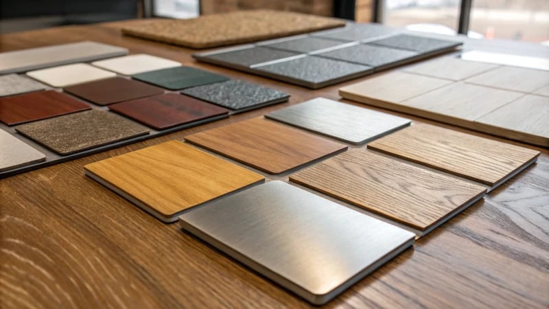 A collection of surface finish samples on a wooden table