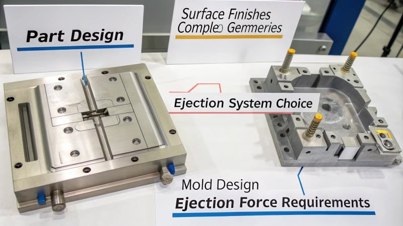 Technical diagram showing part design influence on ejection systems in mold design
