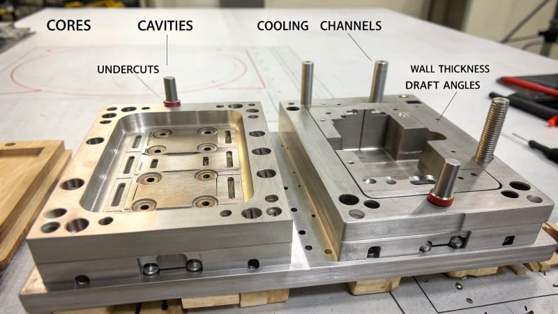 Close-up view of a technical injection mold design layout