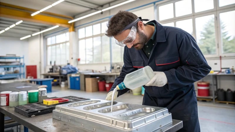 A technician applying a release agent to a metal mold in a workshop