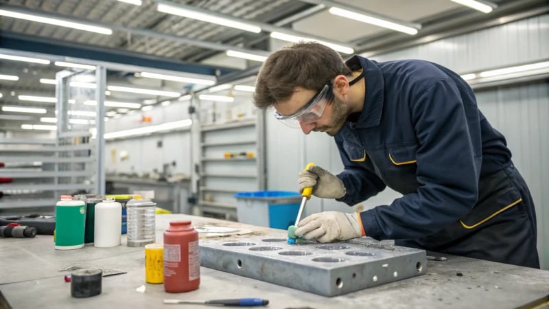 A technician cleaning an industrial mold in a workshop