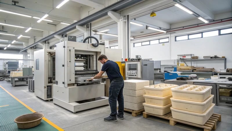 Technician operating a compression molding machine in a modern facility