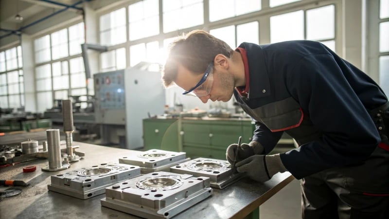 A technician inspecting intricate injection molds on a workbench.