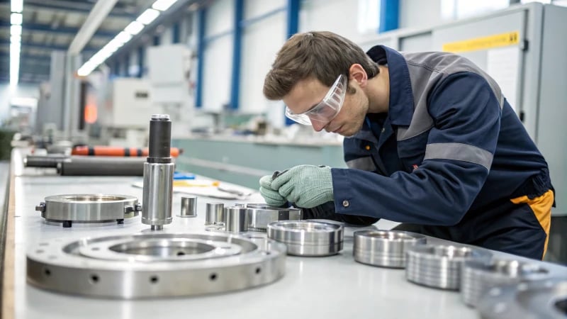 A technician grinding metal components in a modern workshop.