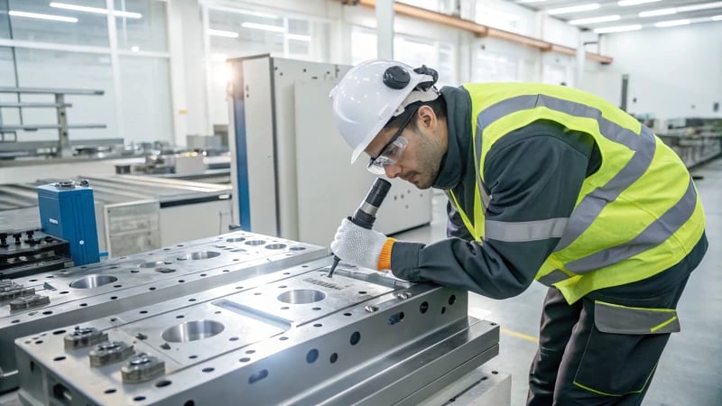 A technician inspecting an injection mold in a manufacturing environment