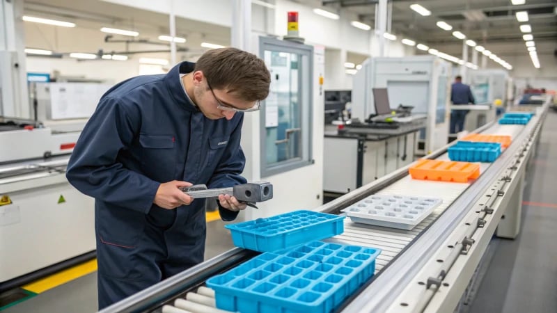 A technician inspecting plastic parts on a conveyor belt