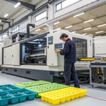 Technician inspecting a large injection molding machine in a manufacturing plant