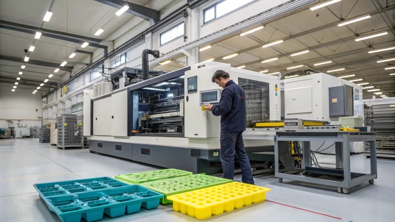 Technician inspecting a large injection molding machine in a manufacturing plant