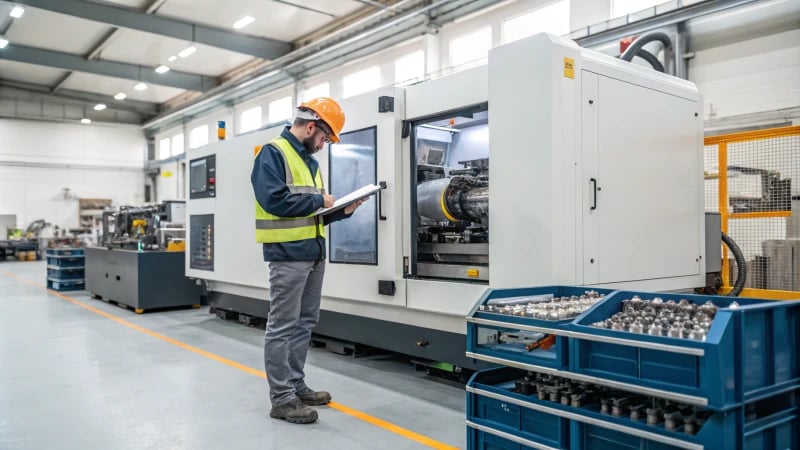 Technician inspecting an injection molding machine