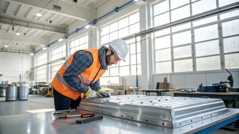 A technician inspecting a large metal mold in a clean manufacturing facility.