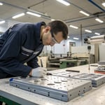 Technician inspecting hard plastic mold on workbench
