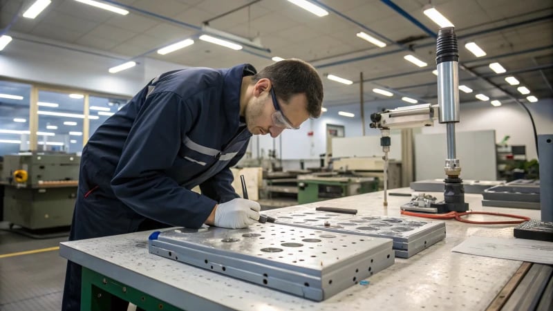 Technician inspecting hard plastic mold on workbench