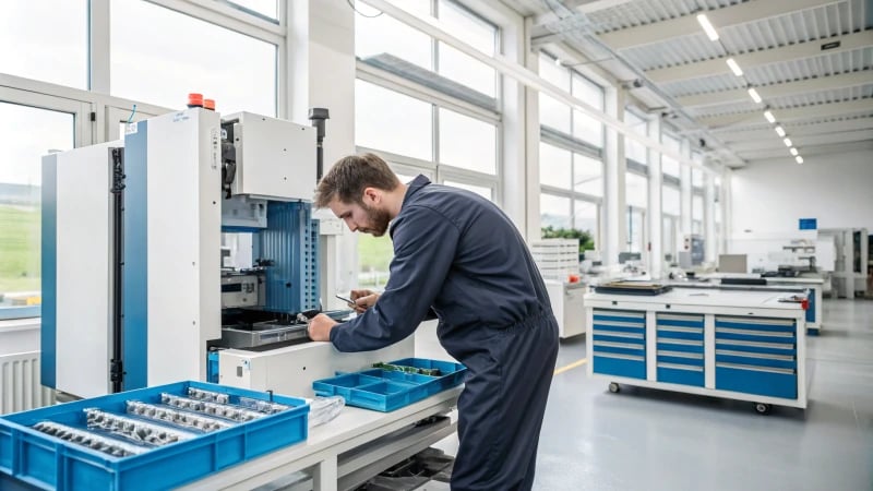 A technician inspecting a plastic molding machine in a workshop