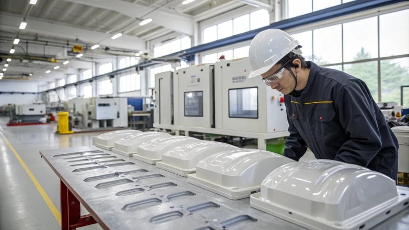 Technician inspecting molded plastic parts in a manufacturing facility