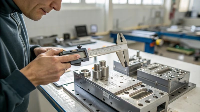 Technician measuring a metal mold with a caliper in a workshop