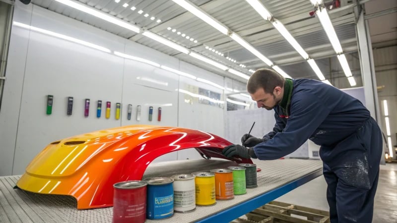 A technician painting a plastic part in a modern workshop