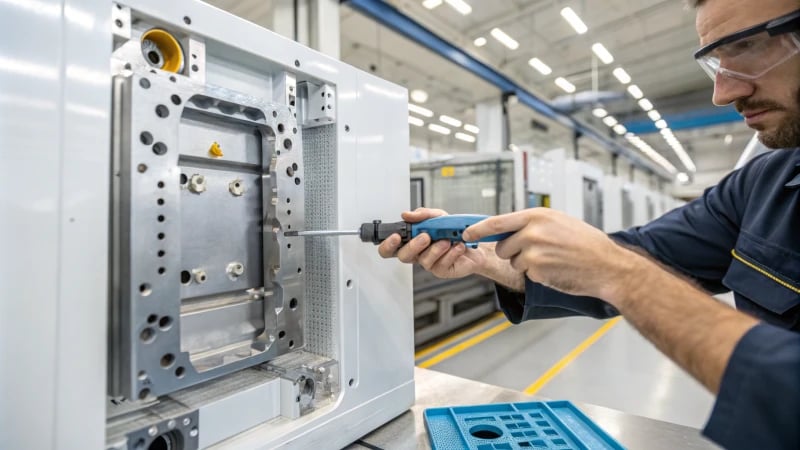 Technician removing gate from plastic part