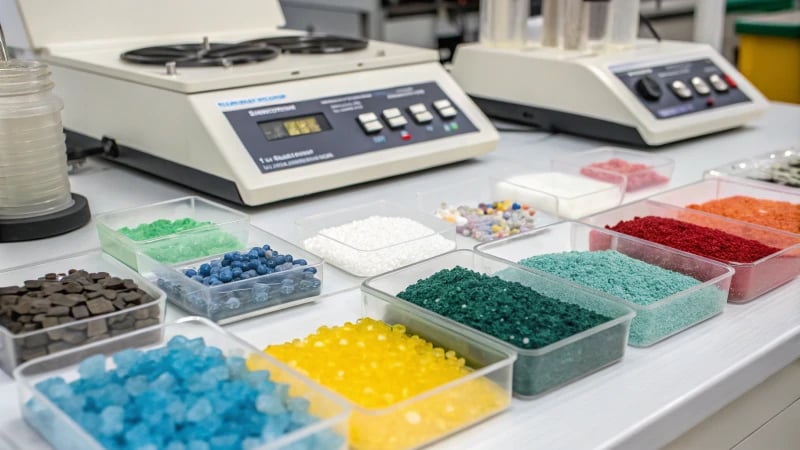 Close-up of thermoplastic samples on a laboratory table