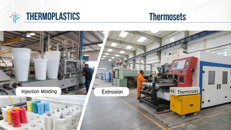 Infographic comparing thermoplastics and thermosets processing techniques