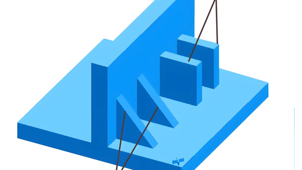 Three-dimensional isometric design in shades of blue featuring geometric shapes on a rectangular base.