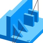 Three-dimensional isometric design in shades of blue featuring geometric shapes on a rectangular base.