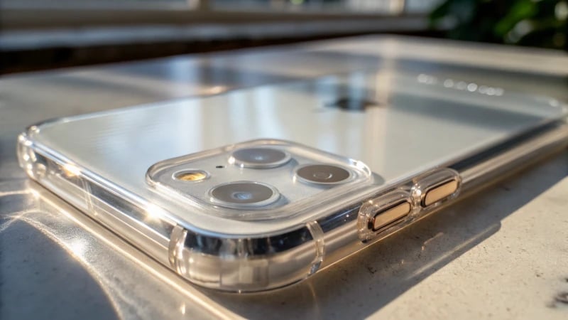 Close-up of a transparent electronic device with reflective surface