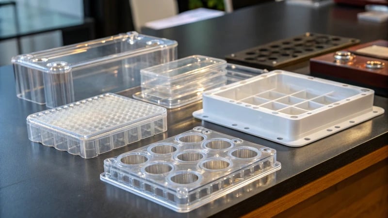 A display of transparent plastic components on a glossy surface.