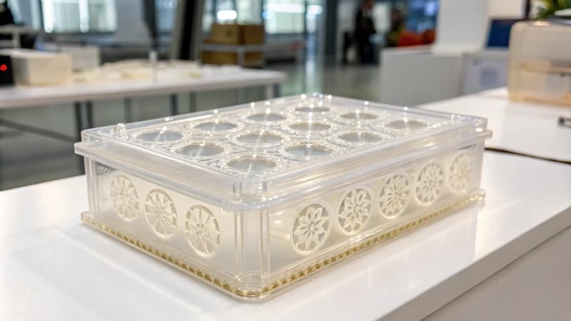 Photorealistic transparent plastic box with intricate mold design