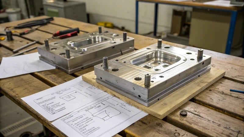 Close-up view of mold base materials including aluminum, steel, and composite.