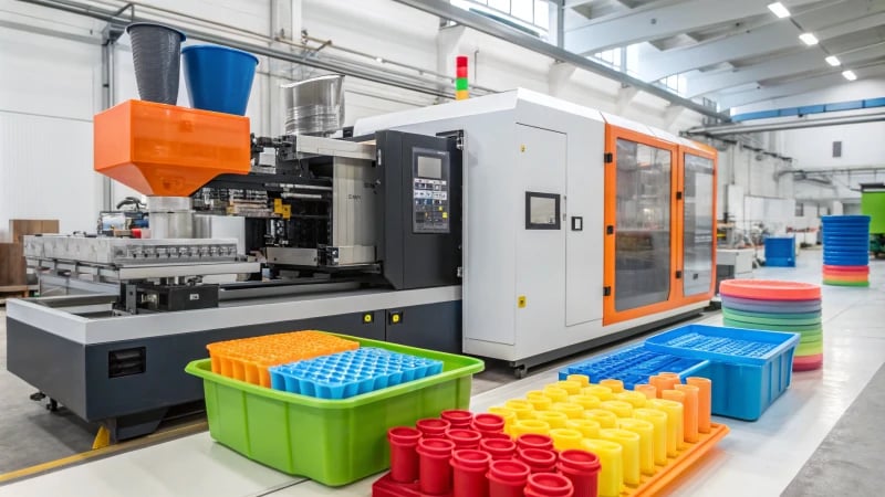 Busy manufacturing floor with injection molding machines