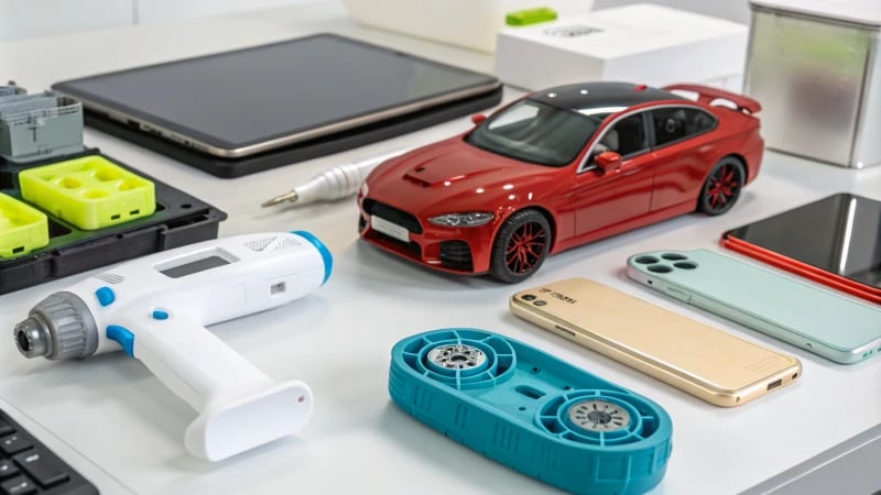 A collection of products made with two-shot molding techniques, including automotive parts and electronic devices.
