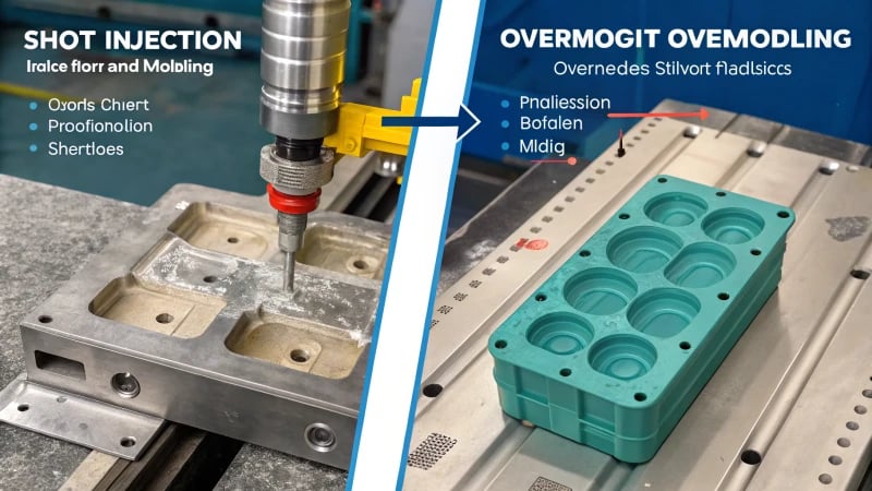 Infographic comparing two-shot injection molding and overmolding processes