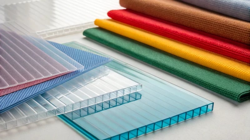 Close-up of blue fabric swatches on a wooden table