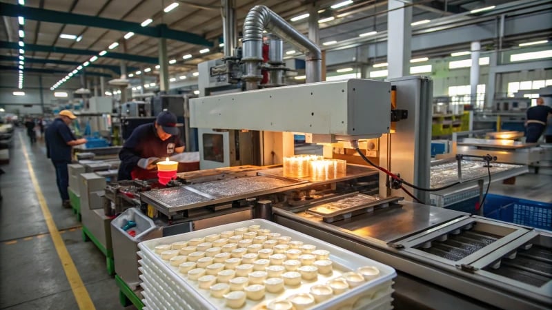 A vacuum molding machine in action within a factory