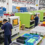Workers monitoring plastic molding machines in a vibrant manufacturing facility