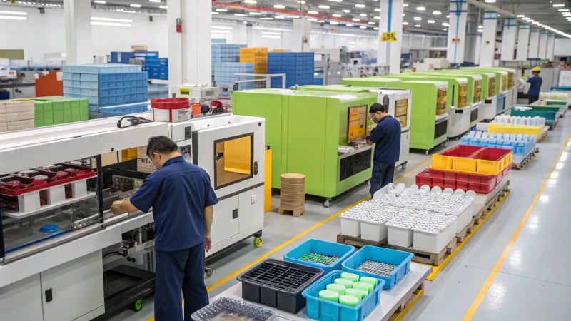 Workers monitoring plastic molding machines in a vibrant manufacturing facility