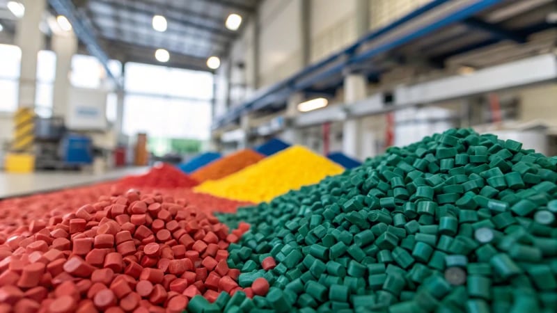 Close-up of colorful recycled plastic pellets in an industrial setting