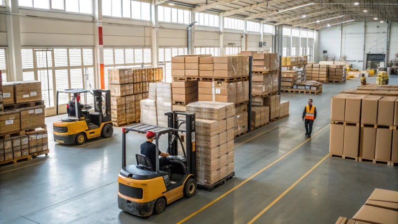 A busy warehouse interior with forklifts and employees