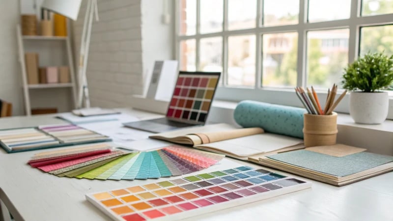A vibrant workspace with colored materials and product samples.